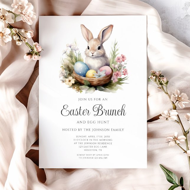 Convites Caça ao Ovo do Coelho Fofo e Brunch de Páscoa  (Cute Rabbit Egg Hunt And Easter Brunch Invitation)