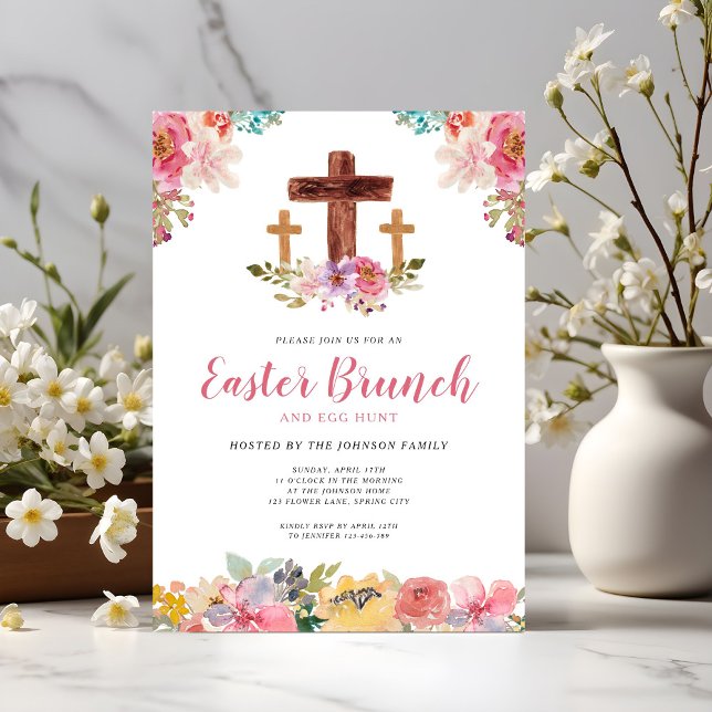 Convites Caça aos Ovos Brunch Floral Aquarela Religioso Pás (Floral Watercolor Religious Easter Brunch Egg Hunt Invitation)