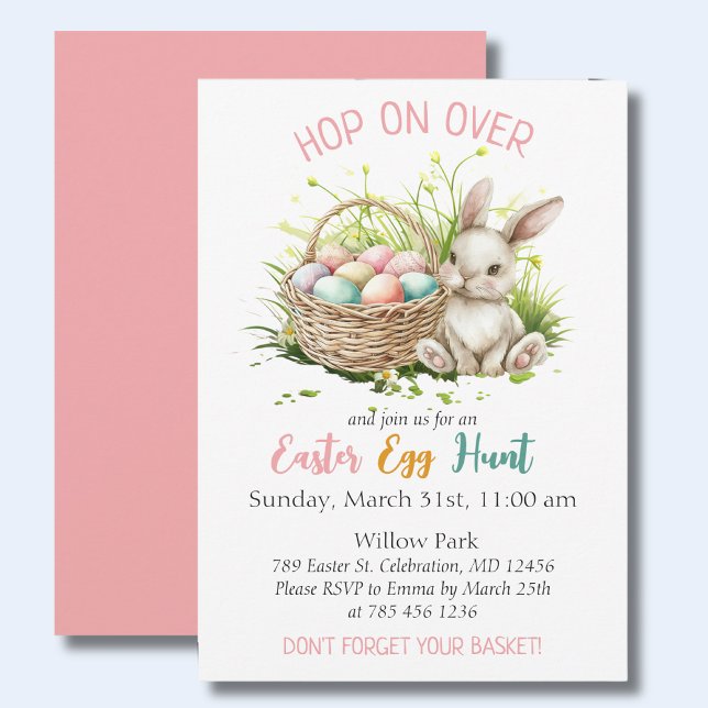 Convites Caça aos Ovos da Lebre da Páscoa com Aquarela Rosa (Celebrate Easter in style with this modern, colorful invitation perfect for your gathering. )