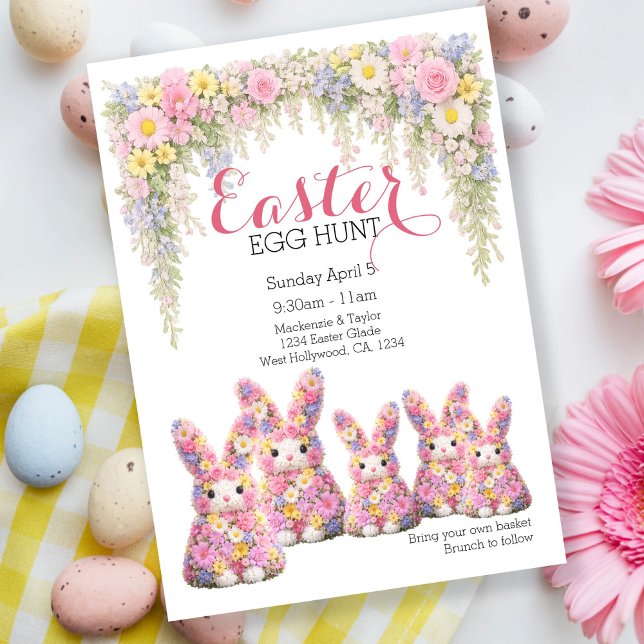Convites Caça aos Ovos de Páscoa Almoço Coelhinho Bunny Flo (Sweet Flower Bunny Rabbit Easter Egg Hunt Lunch Invitation by Ricaso. Brunch invite bunny family )