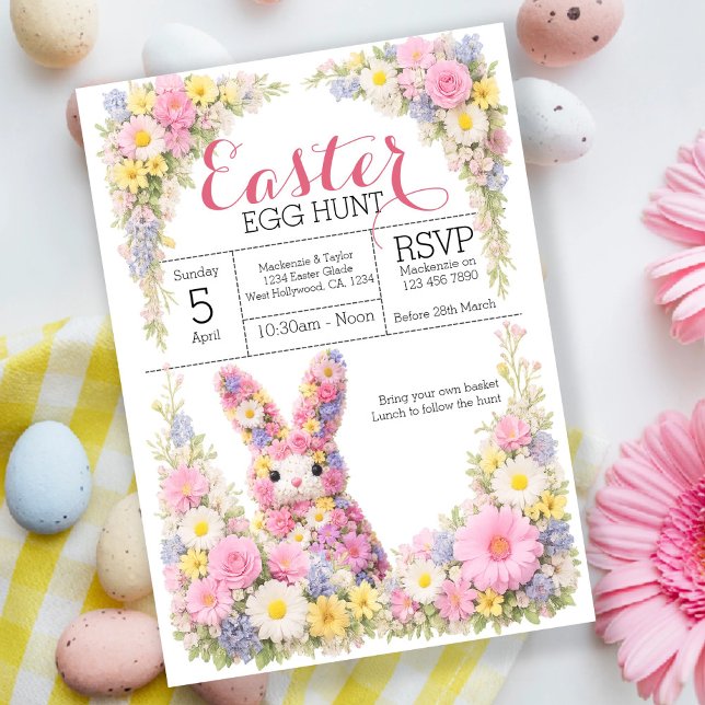Convites Caça aos Ovos de Páscoa Almoço do Coelhinho da Flo (Sweet Flower Bunny Rabbit Easter Egg Hunt Lunch Acrylic Invitations by Ricaso. Spring themed florals)