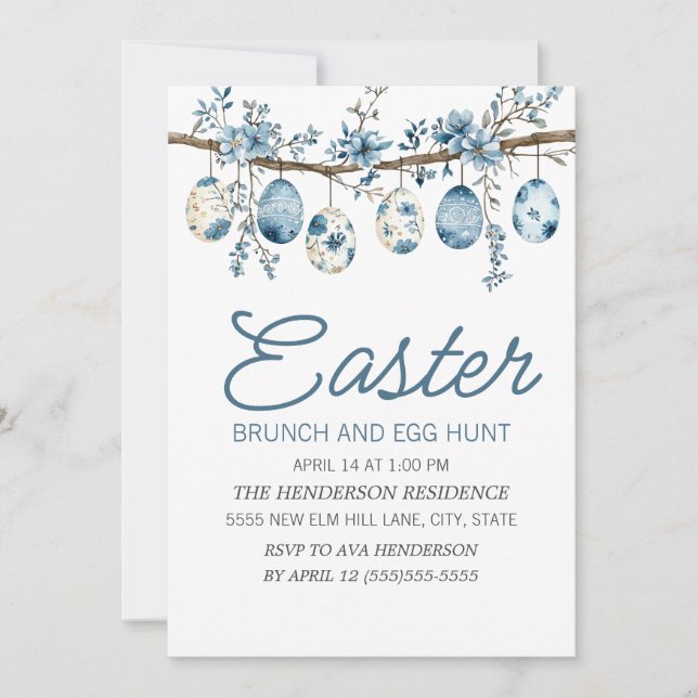 Convites Caça aos Ovos de Páscoa Azul Brunch  (Frente)