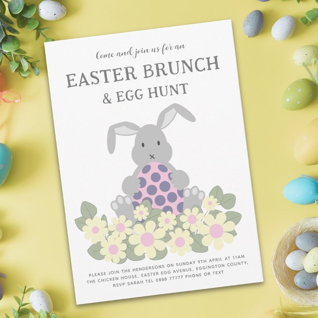 Convites Caça aos Ovos de Páscoa Brunch de Primavera Coelhi (Easter egg hunt spring brunch cute bunny daisy floral pink invitation)
