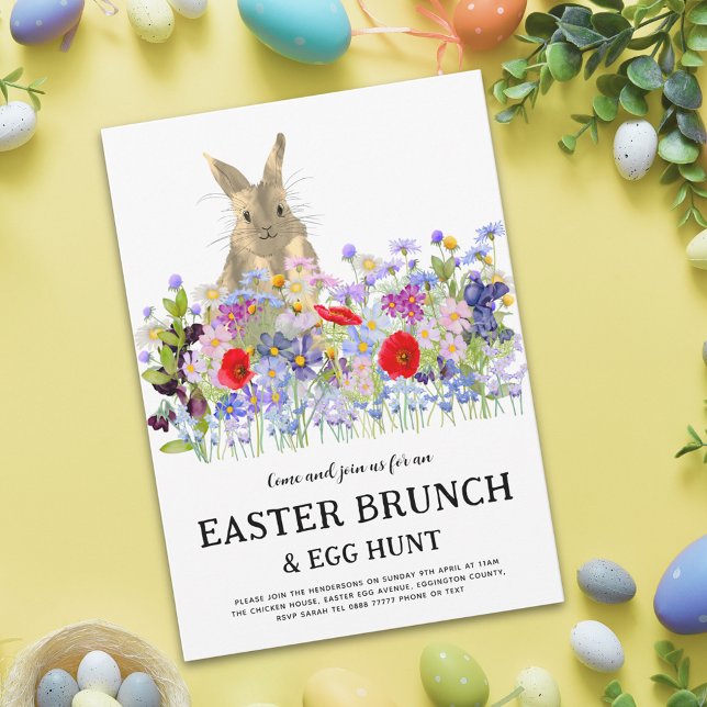 Convites Caça aos Ovos de Páscoa Brunch de Primavera Coelhi (Modern easter egg hunt spring brunch cute bunny wildflower floral invitation Colorful vibrant )