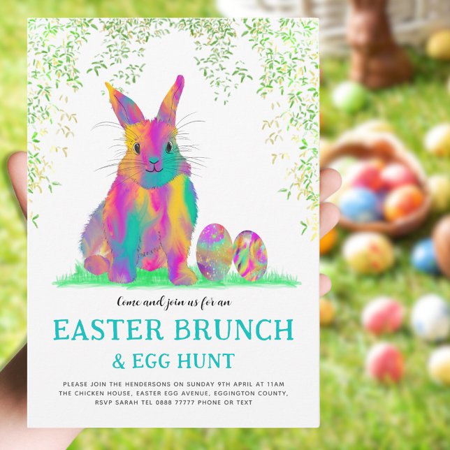 Convites Caça aos Ovos de Páscoa Brunch de Primavera Coelhi (Easter brunch and egg hunt cute colorful Easter bunny invitation)