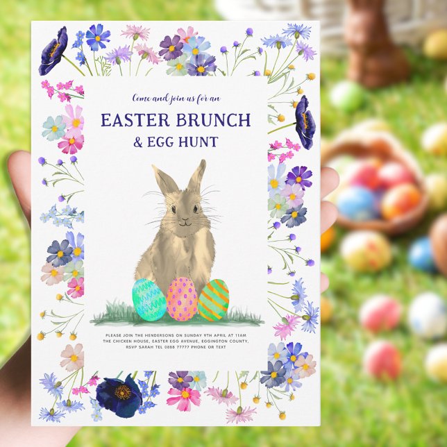 Convites Caça aos Ovos de Páscoa Brunch de Primavera Coelhi (Easter brunch and egg hunt cute bunny boho floral watercolor invitation blue purple pink green)