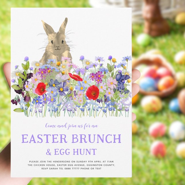 Convites Caça aos Ovos de Páscoa Brunch de Primavera Coelhi (Easter brunch egg hunt cute bunny floral watercolor invitation purple blue pink red green)