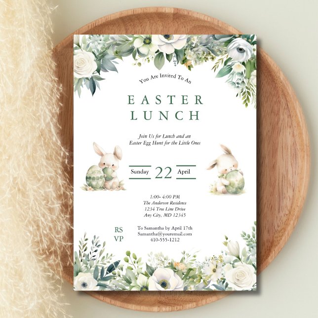 Convites Caça aos Ovos no Almoço de Páscoa Floral Aquarela  (Bunnies Sage Green Watercolor Florals Easter Lunch Egg Hunt Invitation, Digital or Printed)