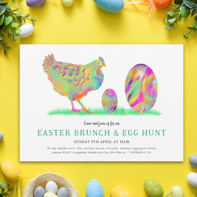 Convites Caça aos Ovos no Brunch de Páscoa Aquarela Frango (Easter brunch egg hunt cute colorful hen & eggs spring party invitation chicken lover scavenger hunt)