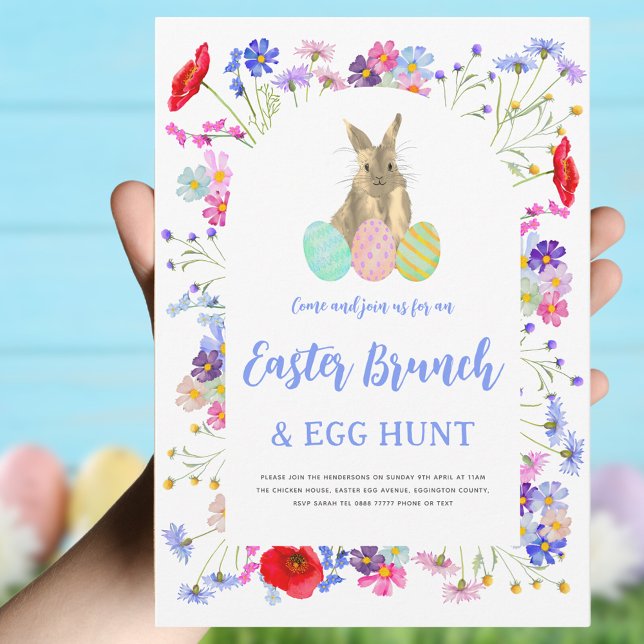Convites Caça aos Ovos no Brunch de Páscoa Bunny de Aquarel (Easter brunch and egg hunt boho wildflower bunny invitation )