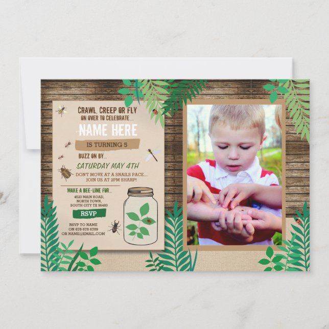 Convites Caça de insetos Foto Caça Folhas de madeira Festa  (Frente)