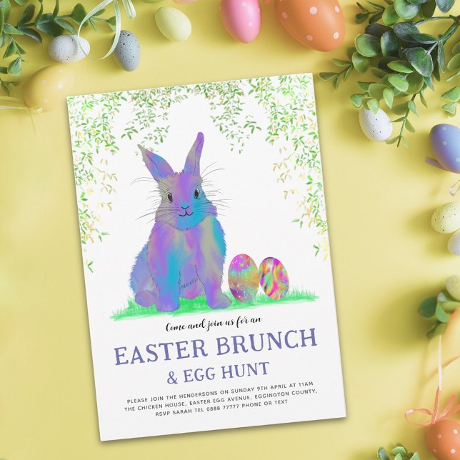 Convites Caça de Ovo de Coelho da Páscoa e Brunch (Easter egg hunt brunch cute purple bunny and eggs watercolor garden party invitation)