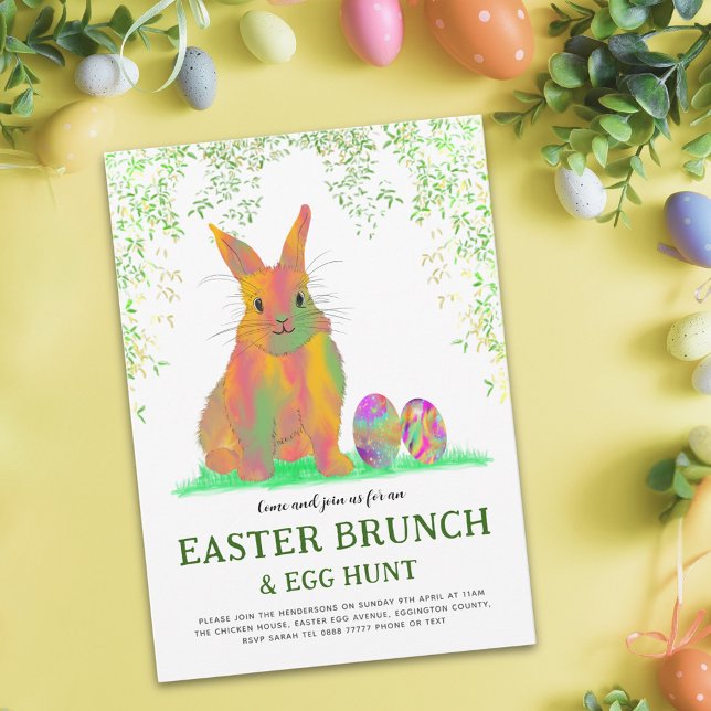 Convites Caça de Ovo de Coelho da Páscoa e Brunch (Modern Easter egg hunt spring brunch colorful watercolor cute bunny & eggs garden party invitation)