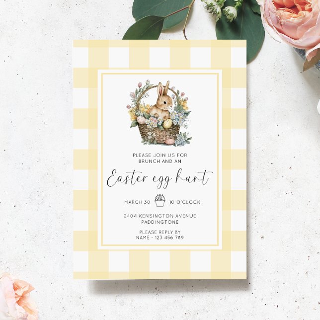 Convites Caça de Ovo de Páscoa Amarelo Gingham Bunny (Easter Egg Hunt Invitation Gingham )