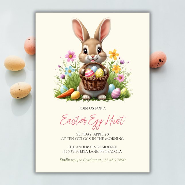 Convites Caça De Ovo De Páscoa Bela Coelhinha Quente (Whimsical Cute Bunny Rabbit Floral Easter Egg Hunt Invitation)