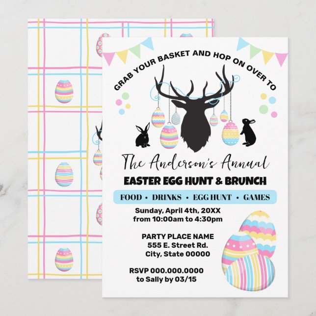 Convites Caça de Ovo de Páscoa e Veado de Brunch com Bunnie (Frente/Verso)