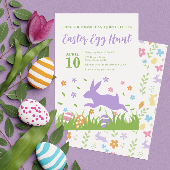 Convites Caça de Ovo de Páscoa Verde, Roxo Púrpura, Cuja Ca (Cute Purple Rabbit Green Floral Easter Egg Hunt Invitation)