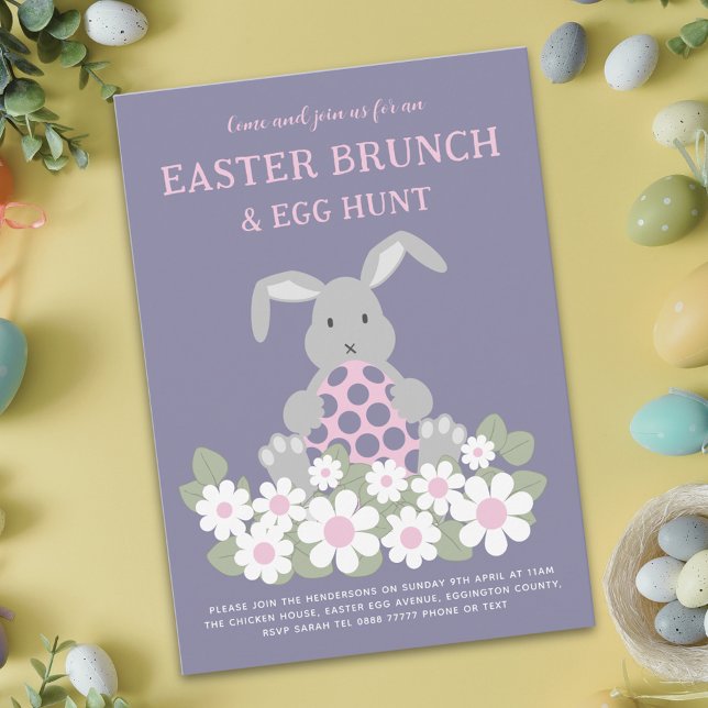 Convites Caça de Ovo e Floral Rosa Brunch (Easter egg hunt spring brunch cute bunny daisy floral meadow purple invitation)