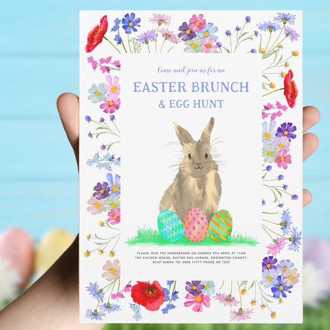Convites Caça de Ovos e Brunch da Páscoa (Boho wildflower bunny Easter brunch and egg hunt invitation )