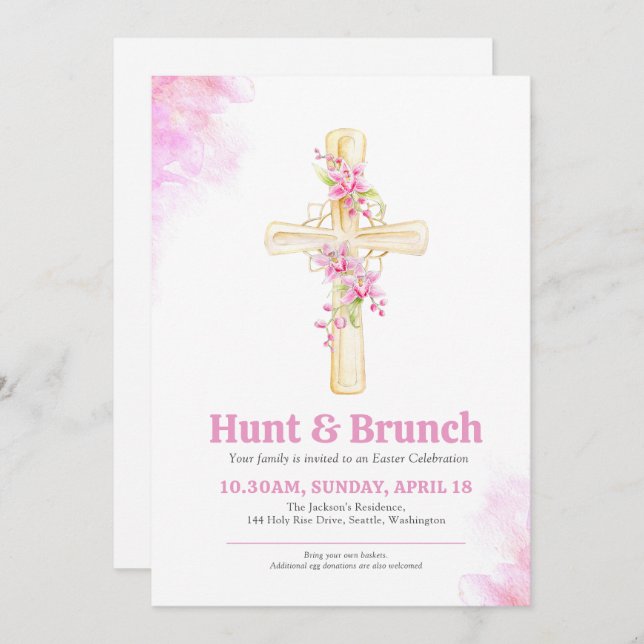 Convites Caça de Páscoa Cruzada e Brunch Rosa Floral orquíd (Frente/Verso)
