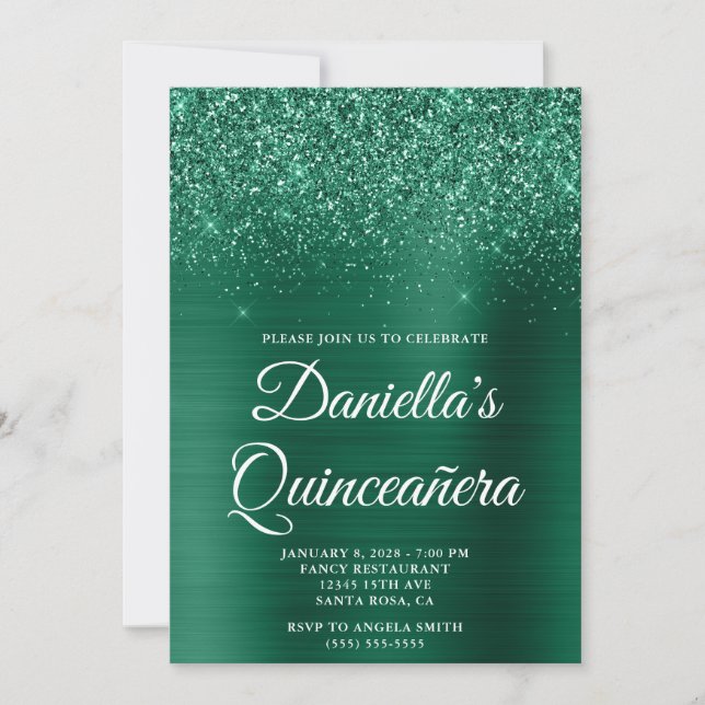 Convites Caça Verde Brilhante Quinceañera em Folha (Frente)