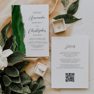 Convites Caça Verde Casamento Código QR em Ágata Prata