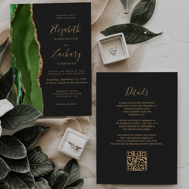 Convites Caça Verde Ouro Ágata Escuro Código QR Casamento (Criador carregado)