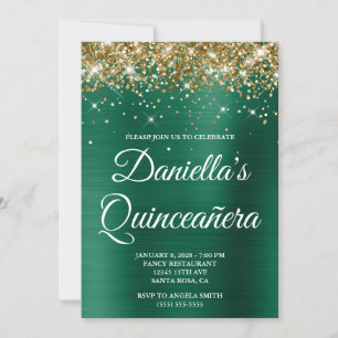 Convites Caçador de Glitter Dourado Verde Folha de Quinceañ