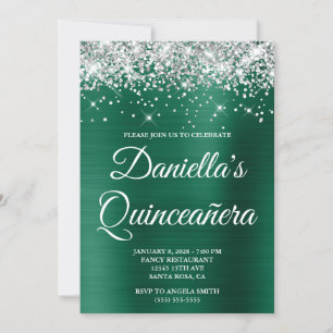 Convites Caçadora de Brilho Prateado Verde Foil Quinceañera