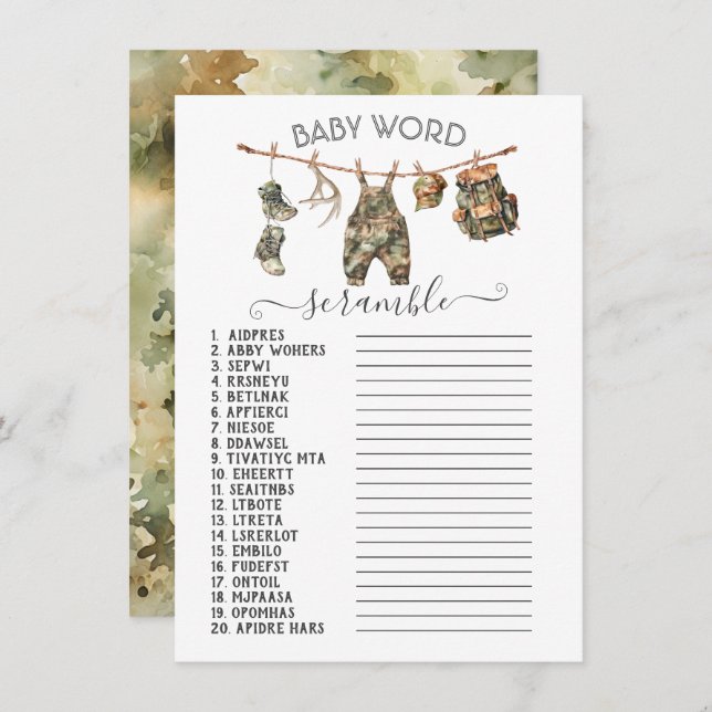 Convites Caçando Camo Clothesline Baby Word Scramble (Frente/Verso)