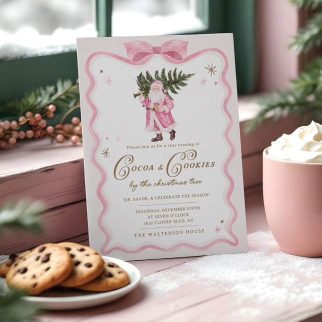 Convites Cacau e Biscoitos Festa de Natal Papais noeis Retr (Cocoa & Cookies Christmas Party Retro Pink Santa Invitation)