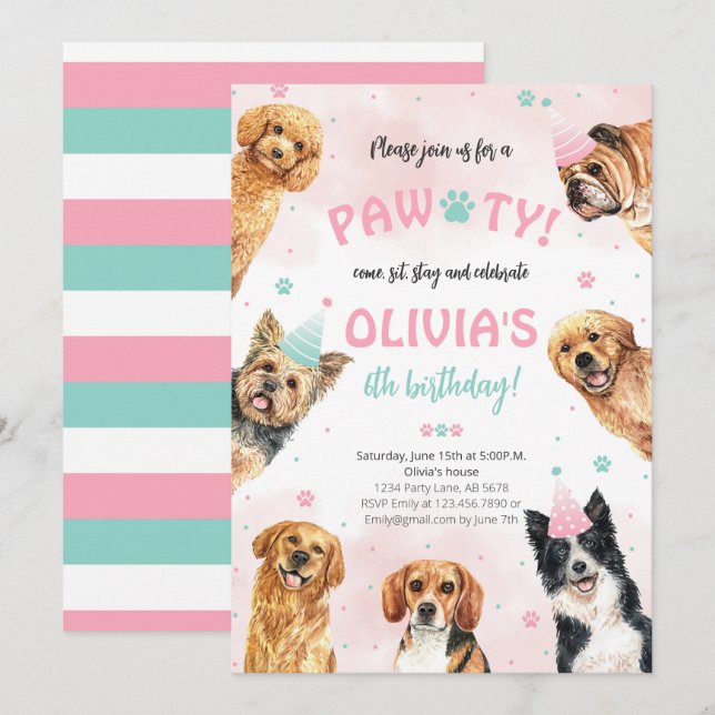 Convites Cachorro Aniversário Pawty (Frente/Verso)
