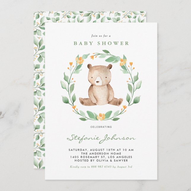 Convites Cachorro Aquoso Urso Urso-Bebê Chá de fraldas (Frente/Verso)