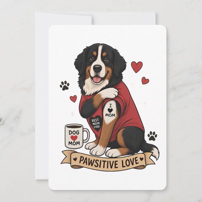 Convites Cachorro Bernês com Ilustração de Tatuagem Eu Amo  (Frente)