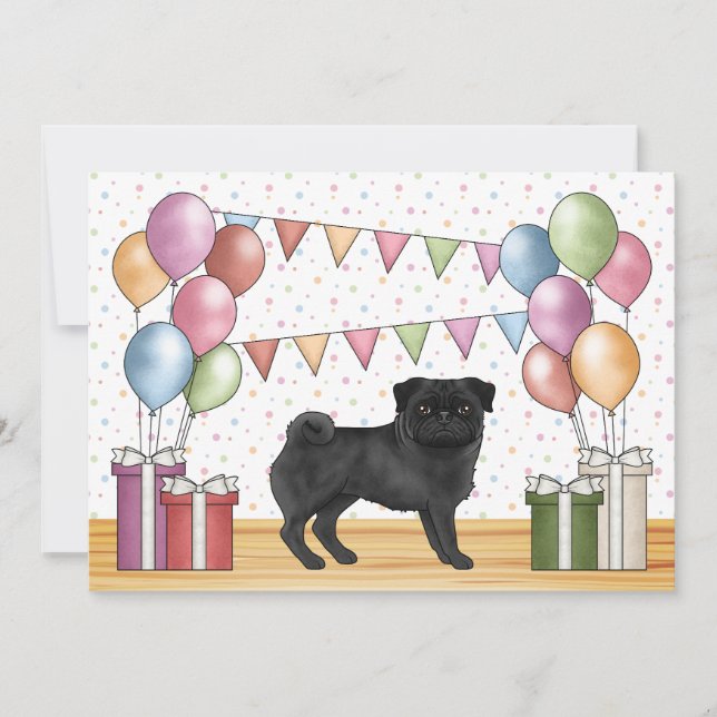 Convites Cachorro Cartoon Pug Preto Aniversário Pastéis Col (Frente)