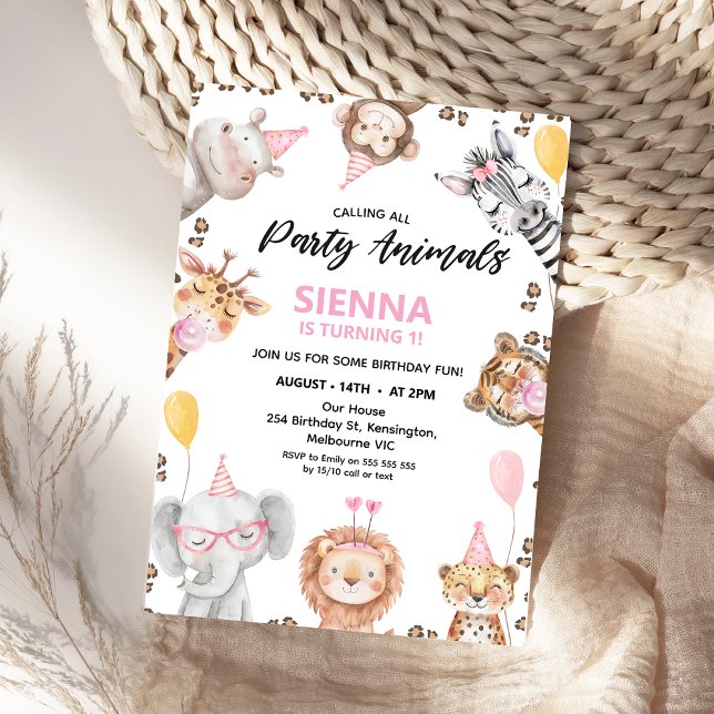 Convites Cachorro Chamando Todos Os Animais Da Parte primei (Calling All Party Animals Safari Birthday Invitation Girl, Wild One, Safari 1st Birthday Invite)