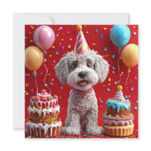 Cachorro de aniversário com bolo e balões