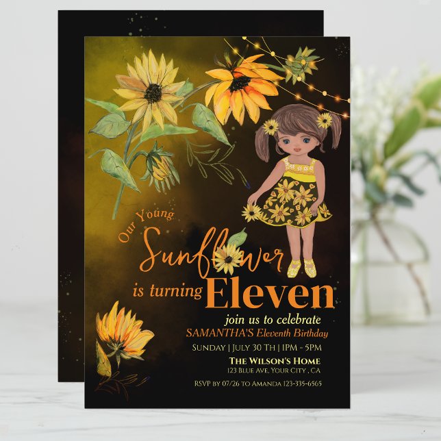 Convites Cachorro de Girassol Cachorro Negra (Cute Sunflower Watercolor Girl Black Birthday Invitation)