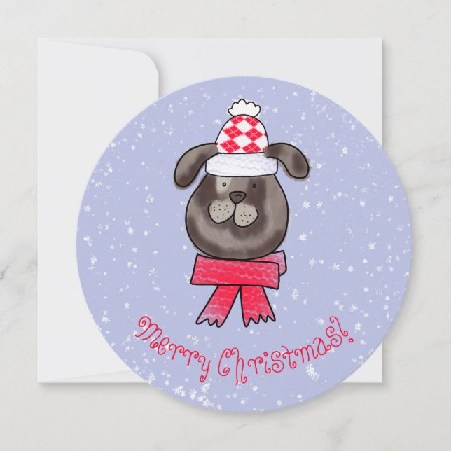 Convites Cachorro de Natal usando boné e cachecol de tricô (Frente)