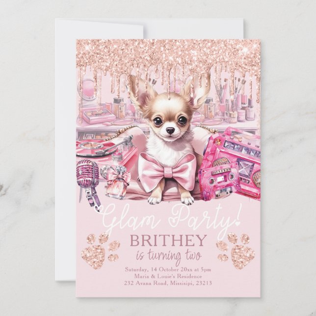 Convites Cachorro Elegante Glitter Glam Birthday (Frente)