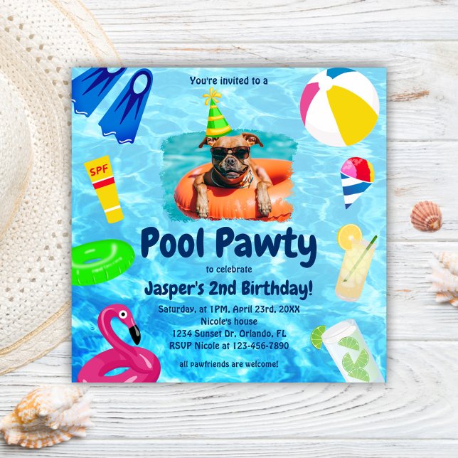 Convites Cachorro Festa de Piscina de Aniversário Puppy Paw (Dog Birthday Pool Party Puppy Pawty Invitation)