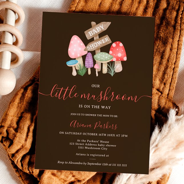 Convites Cachorro-peluche Cerrado Cerrado Cerrado Cerrado C (Cute fall fairy woodland mushrooms baby shower invitation on dark brown)