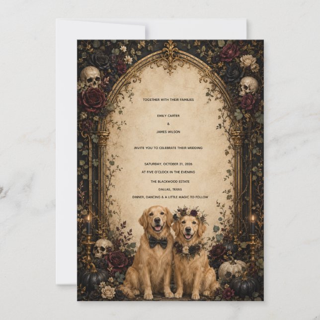 Convites Cachorro Retriever Dourado com Crânio Gótico Perso (Frente)