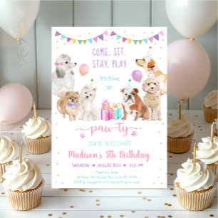 Convites Cachorro Rosa Dourado, Rosa, Pata-Pinto Aniversár