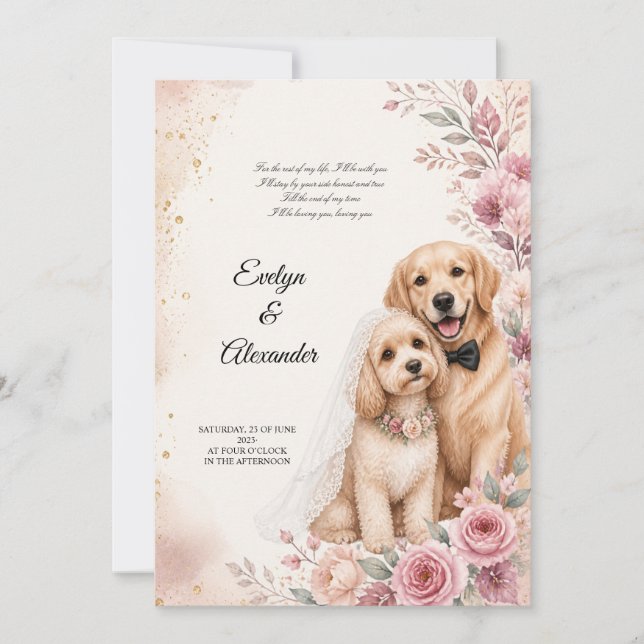 Convites Cachorros de Casamento Fofos com Floral de Aquarel (Frente)