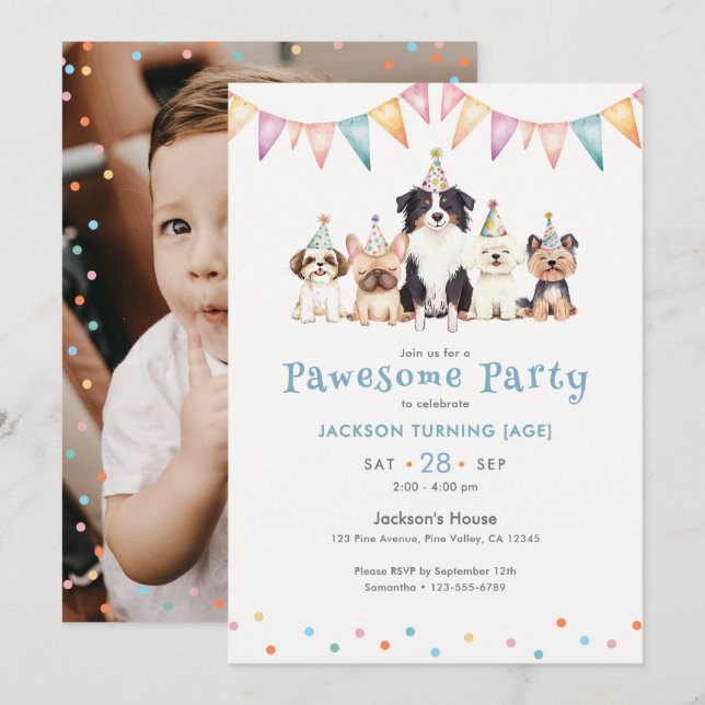 Convites Cachorros de Festa Incríveis Foto Personalizada pa (Frente/Verso)