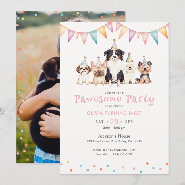 Convites Cachorros de Festa Pawesome para Foto de Aniversár (Frente/Verso)