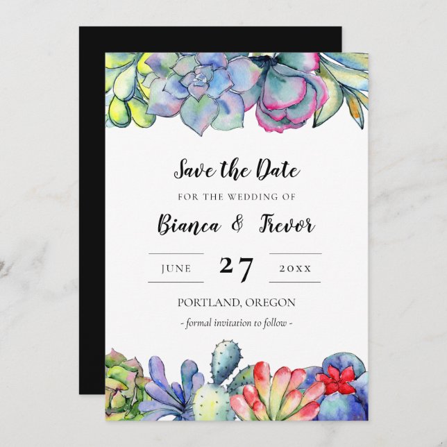 Convites Cacto aquarela bem-sucedida Salve a data (Frente/Verso)