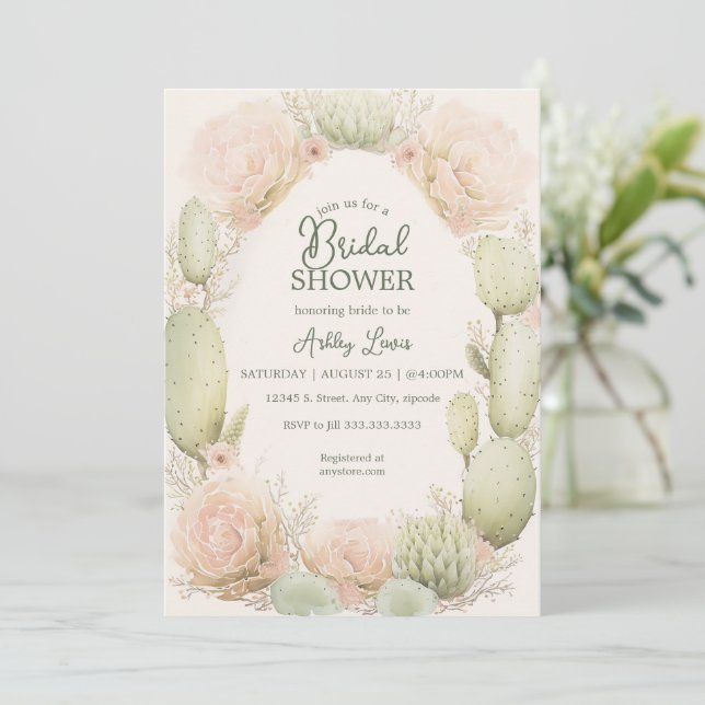 Convites Cacto Boho, Chá de noiva, Cacto Floral (Em pé/Frente)