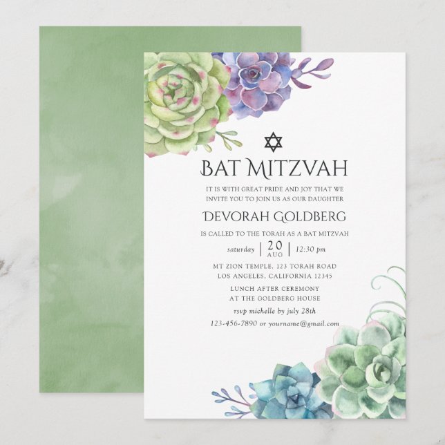 Convites Cacto de Aquarela Suculentas Bat Mitzvah (Frente/Verso)